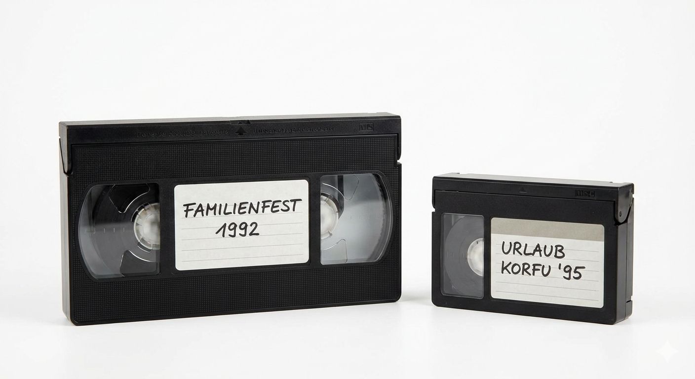 Vergleich einer großen VHS-Kassette und einer kleinen VHS-C Camcorder-Kassette für die Digitalisierung